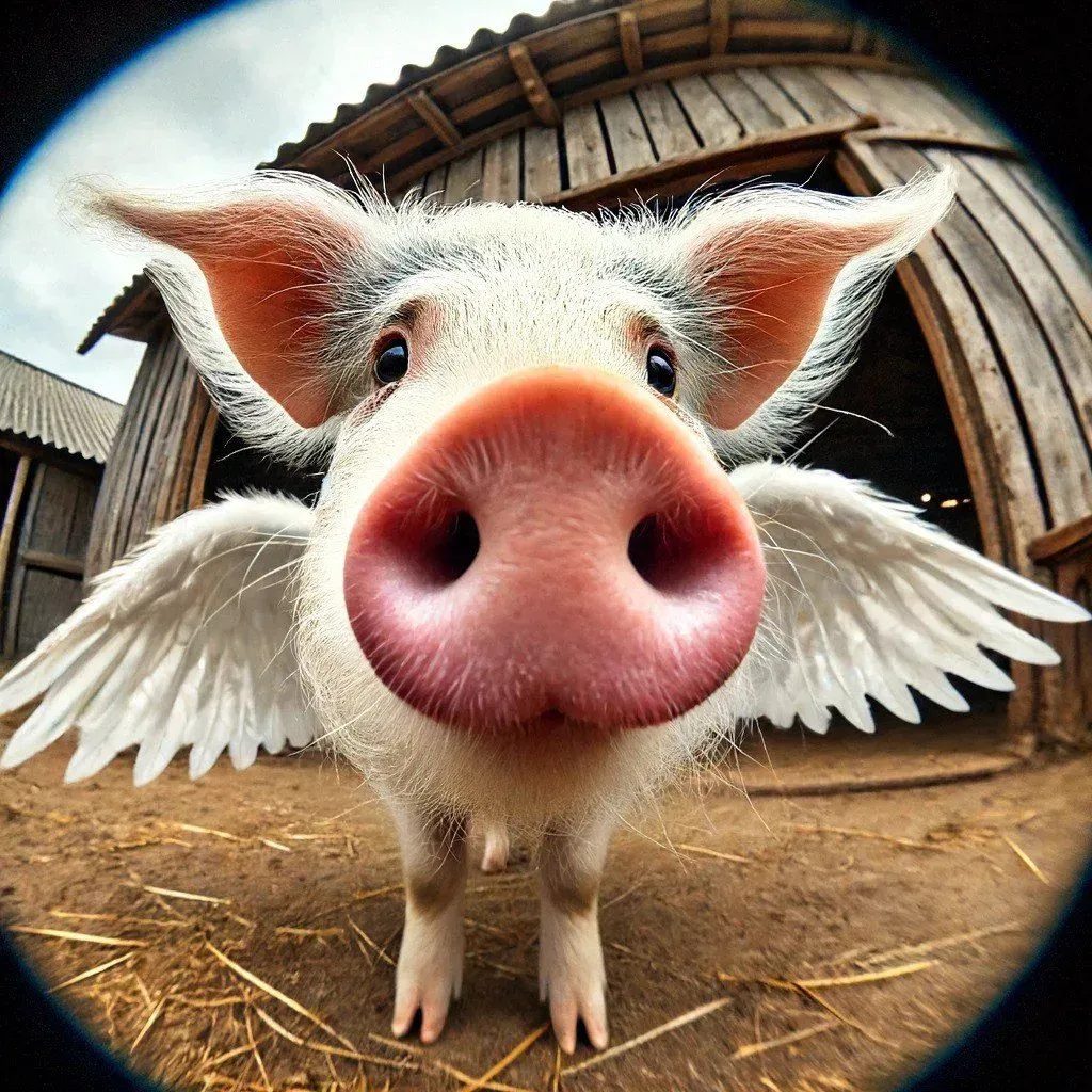 A winged pig in a barn